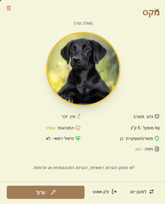 צילום מסך של אפליקציית ניהול פנסיון כלבים